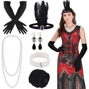 1920s Flapper Dress Sequin Fringe Midi Roaring Gatsby Costume Accessories